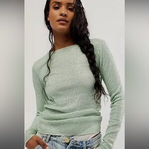 Free People Shimmer Knit Sequin Top Fairest Jade NWT Size M